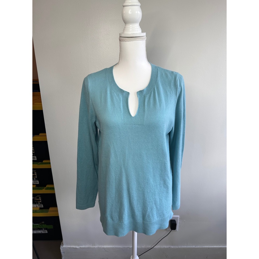 J. Jill Womens Teal Blue Split Neck Ribbed Trim Cotton Blend Sweater Size M